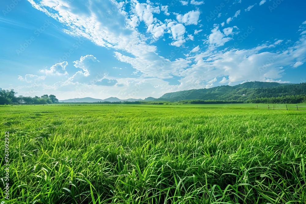 Lush Green Grass Field Under Blue Sky, Peaceful Rural Landscape Photo