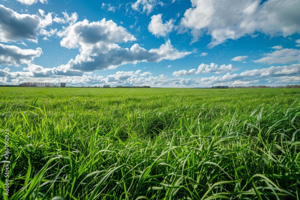 Lush Green Grass Field Under Blue Sky, Peaceful Rural Landscape Photo Lush Green Grass Field Under Blue Sky, Peaceful Rural Landscape Photo