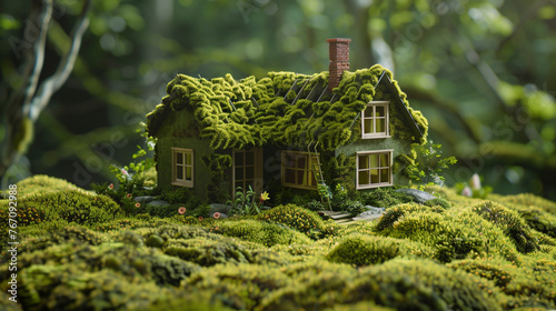 A tranquil haven where a paper house finds its place amidst a carpet of moss, inviting inhabitants to embrace a lifestyle in tune with nature. 32K.