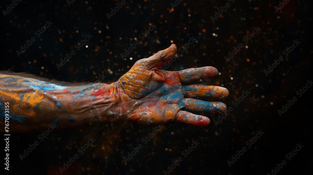 Fototapeta premium Hands decorated with colorful acrylic paints. The hands of an artist with a lot of experience