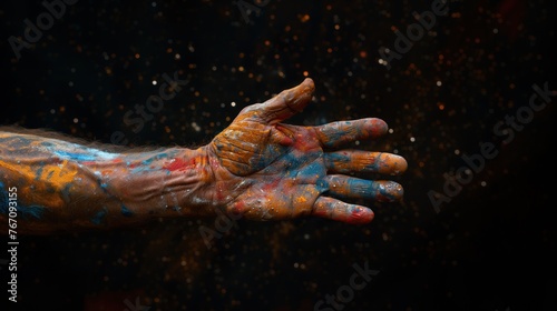 Hands decorated with colorful acrylic paints. The hands of an artist with a lot of experience