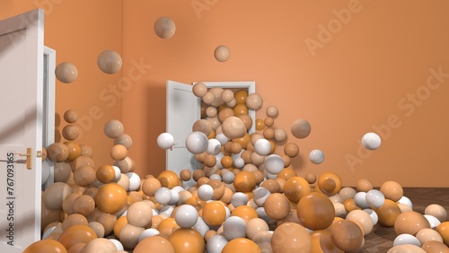 Colorful balloons flying in the room. 3D illustration, 3D rendering	