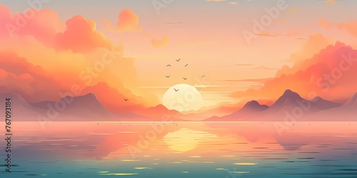 A picturesque scene of a gradient background, transitioning from pale yellows to vibrant oranges, reminiscent of a peaceful sunrise over the horizon. © Kanwal