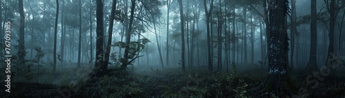 Blightshadow forest, eerie mist, twilight, wide angle, haunting, 