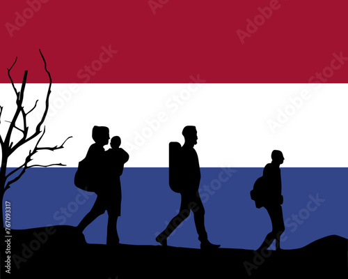Immigration and refugees front of Netherlands flag, immigrant and refugee concept