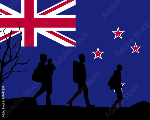 Immigration and refugees front of New Zealand flag, immigrant and refugee concept