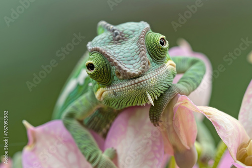 An exquisite extreme close-up capturing a chameleon perched on a flower