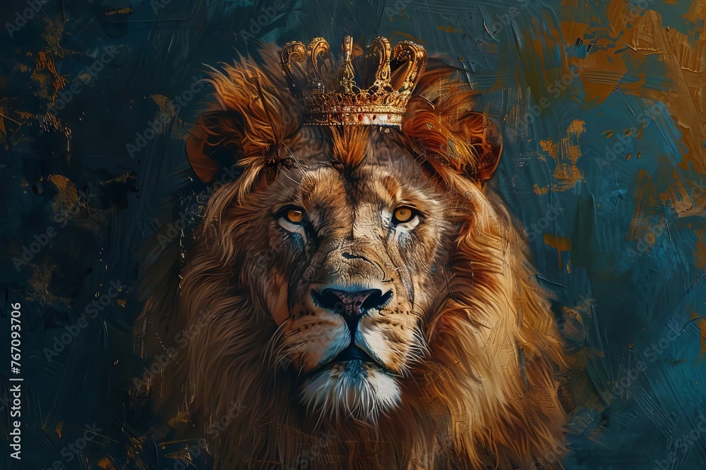 Majestic Lion Portrait with Crown, Regal Animal Kingdom Concept, Digital Oil Painting