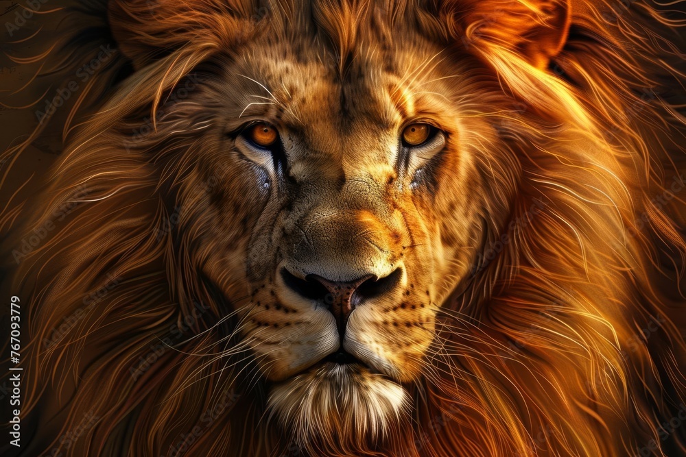 Majestic Lion Portrait with Golden Mane and Piercing Eyes, Regal Animal King Illustration