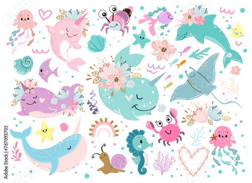 Underwater inhabitants in boho style. Vector illustration. Whale, narwhal, jellyfish, seahorse, starfish and fish