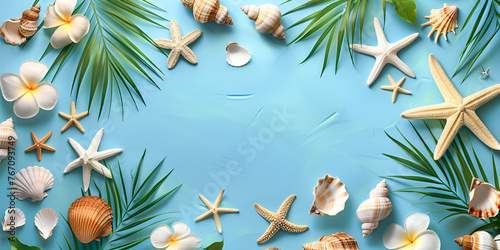 summer background vacation, Flat lay photo seashell and starfish on blue wood table, Holiday travel background, coconut and palm leaves, summer background, Generative Ai