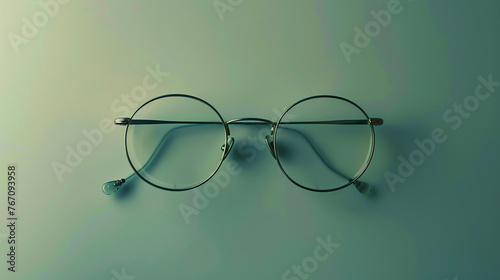 A pair of silver metal glasses with round frames sits on a solid green background. The glasses are slightly angled to the right.