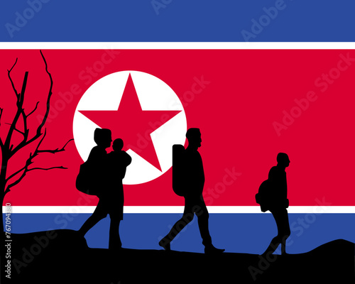 Immigration and refugees front of North Korea flag, immigrant and refugee concept