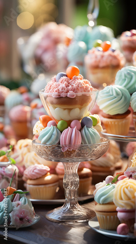 A dessert buffet with Easter themed treats, surrounded by colorful decor.