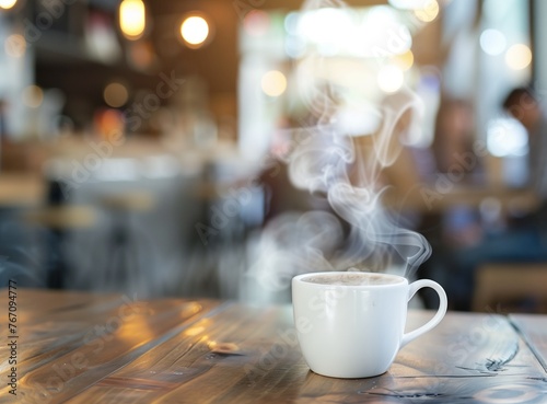 A steaming cup of coffee on a table in a cafe with a blurred background of people  focused on a white mug and steam  stock photo with space for text.