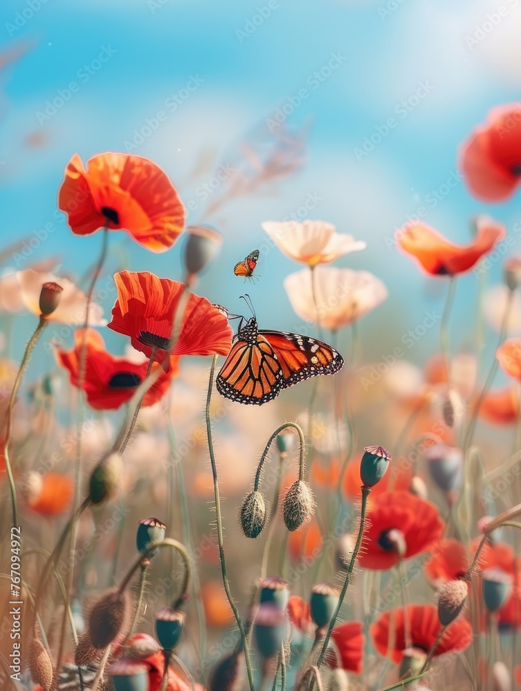 Beautiful red poppy flowers and Monarch butterfly in spring in nature outdoors on sunny day. Blooming poppies. - obrazy, fototapety, plakaty 