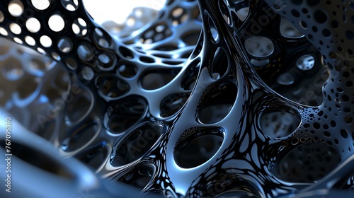 Black and blue organic 3D structure with a lot of holes and smooth surface. Abstract 3D rendering illustration.