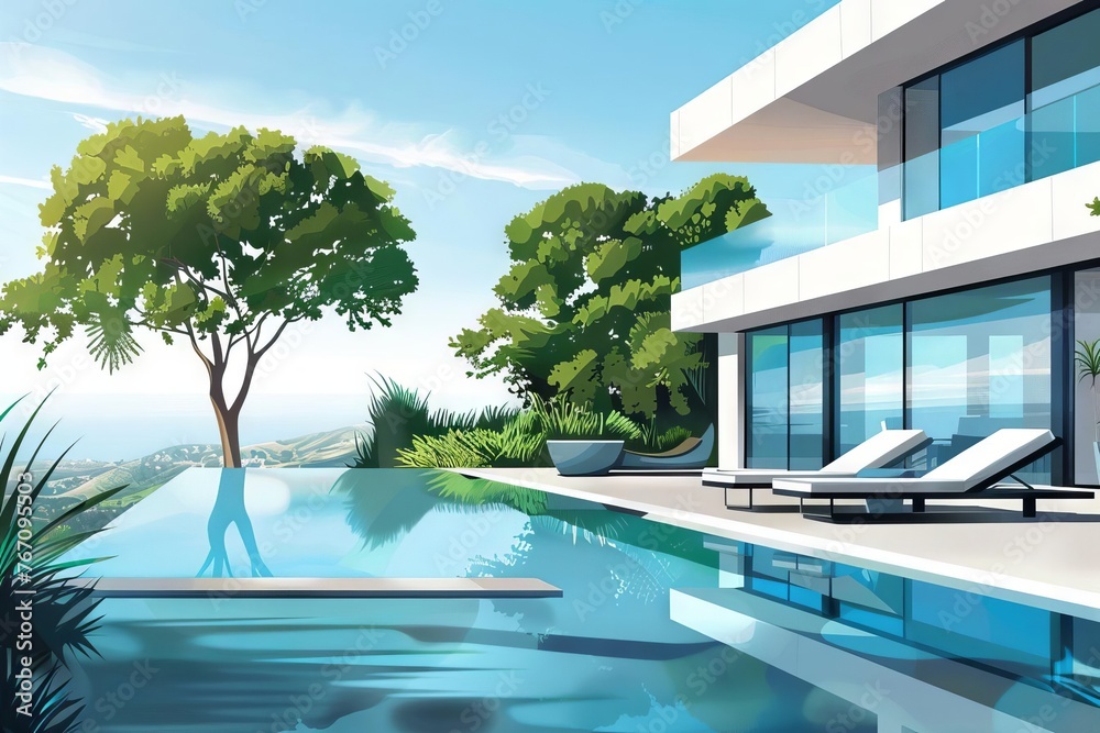 Modern backyard oasis with sleek furniture and infinity pool, architectural concept illustration