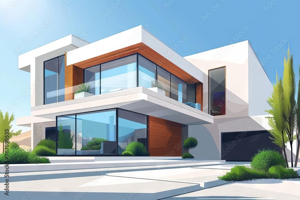 Modern Minimalist Luxury Villa Exterior, Sleek Architectural Design Illustration
