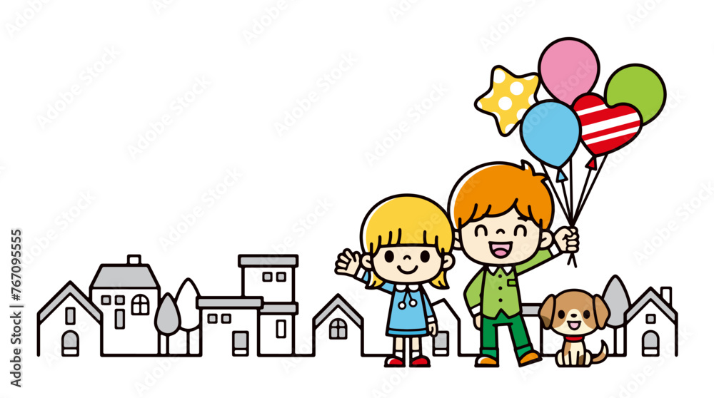 Clip art of children holding balloons with smiles in the street