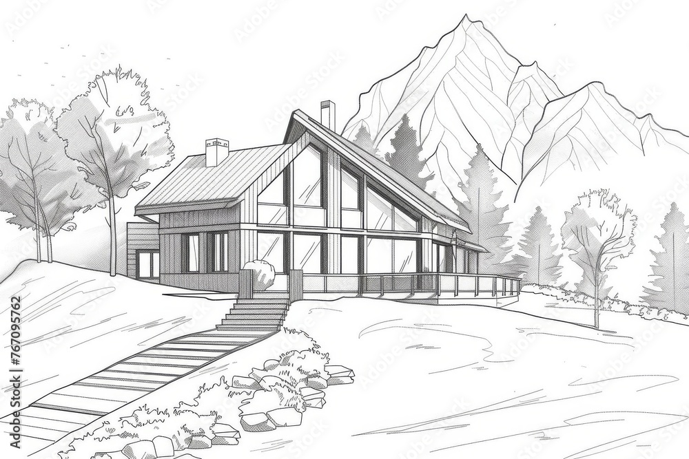 Mountain House Sketch, Line Art Architectural Illustration Concept