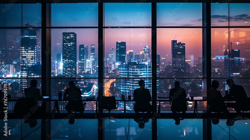 People working in a modern office with a view of the city at night.
