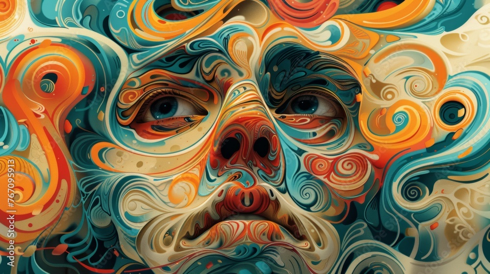 A colorful painting of a face with a nose and mouth A colorful painting of a face with a nose and mouth