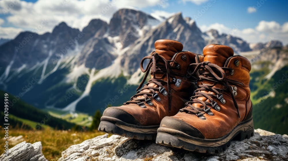 Exploring the wilderness hiker in macro boots trekking through mountainous landscape Exploring the wilderness hiker in macro boots trekking through mountainous landscape