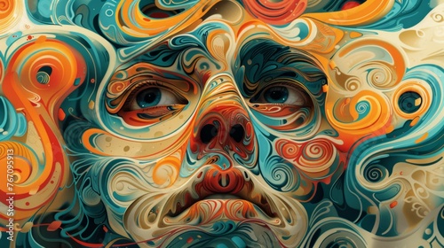 A colorful painting of a face with a nose and mouth