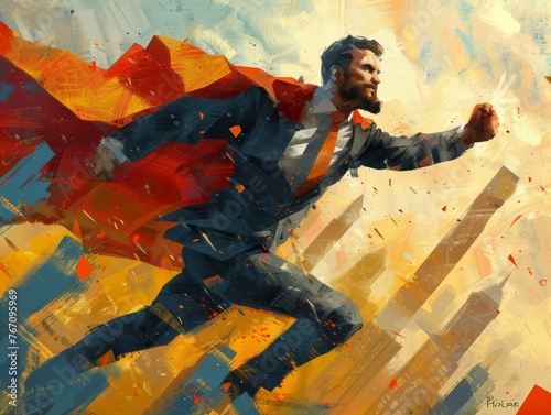 A man in a suit and red cape is running through a city photo