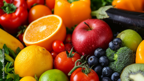 A colorful assortment of fruits and vegetables are displayed in bowls on a counter. The variety of produce includes strawberries  raspberries  blueberries  broccoli  and avocado