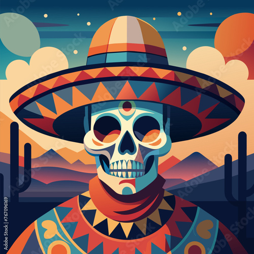 Mexican poster with sugar skull and sombrero for festival dia de los muertos. Mexico background, festive backdrop. Vibrant vector art of a sombrero-wearing skull celebrating