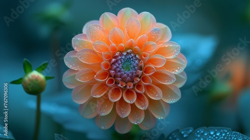Closeup of a dahlia flower with water drops on its petals