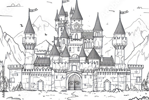 Royal Castle coloring page with lots of details © Daniil