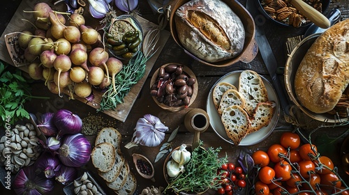 Top view of rustic table full of fresh organic vegetables and bread.