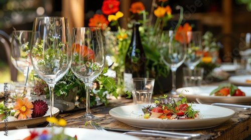 A beautifully set table with wine glasses  plates  and flowers. The table is made of wood and the flowers are in a variety of colors.