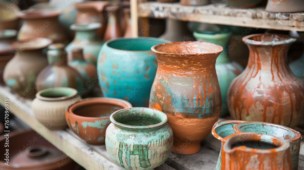 A variety of handmade ceramic pots and vases are displayed on wooden shelves in a pottery studio.