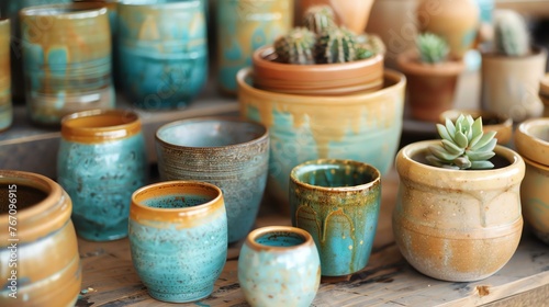 A variety of handmade ceramic pots and planters in different colors and styles, some with potted plants inside them. © Creative