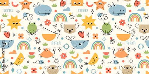Vector seamless pattern of animals in cute playful geometric style. Baby kids pastel pattern design.
