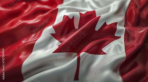 A flag of Canada. The flag is red and white, with a red maple leaf in the center. photo