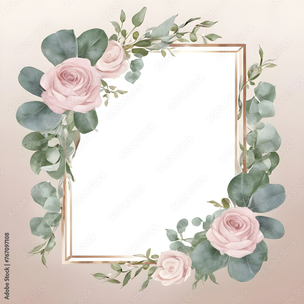 Decorative gold frame with roses. Decorative invitation template.