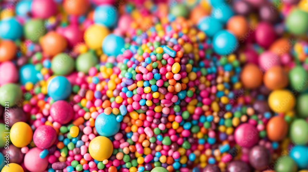 Colorful sprinkles. Sprinkles are small, round, and brightly colored pieces of sugar that are used to decorate cakes, cupcakes, and other desserts.