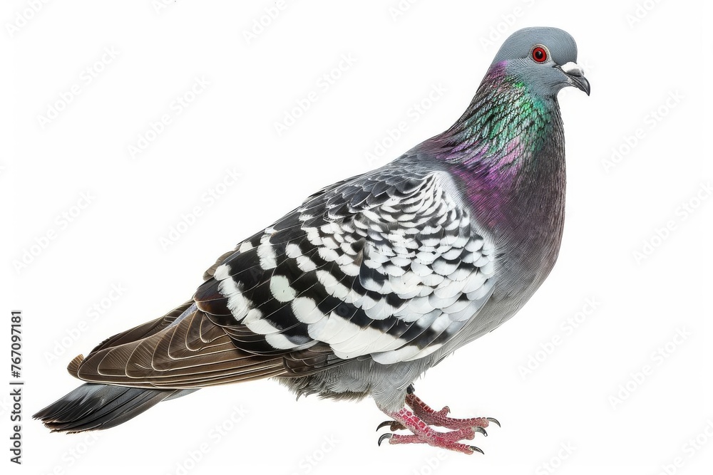 Pigeon Perched on White, Isolated Bird Portrait with Detailed Feathers and Soft Lighting Pigeon Perched on White, Isolated Bird Portrait with Detailed Feathers and Soft Lighting