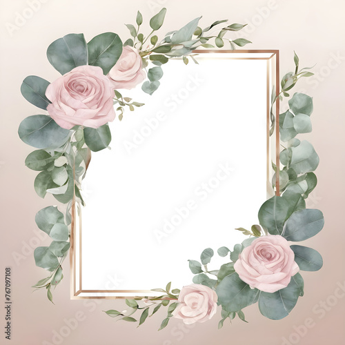 Decorative gold frame with roses. Decorative invitation template.