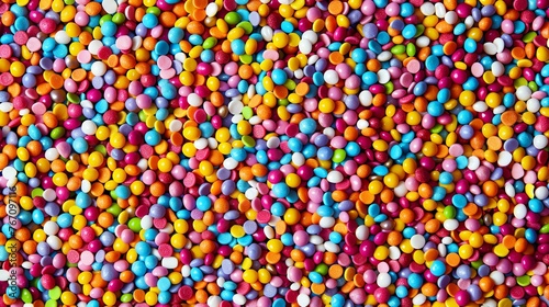 Colorful candy sprinkles background. Close up of many different colored round sugar coated chocolate candies. Directly above. photo