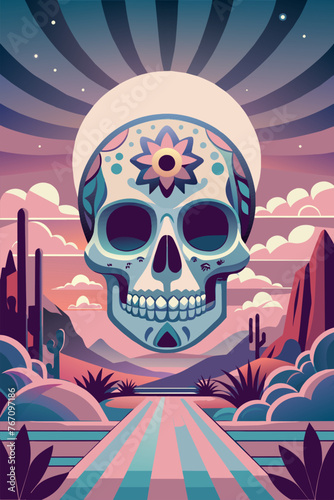 Mexican poster with sugar skull for festival dia de los muertos Mexico background festive backdrop. Festive surreal desert skull with celestial sky, and mexican-inspired in modern digital artwork