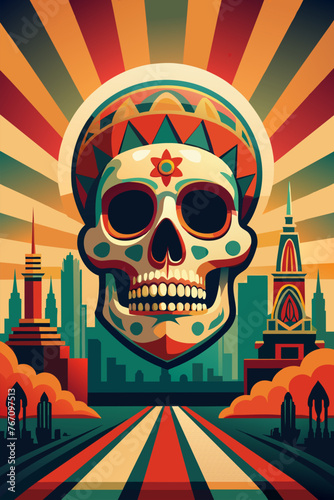 Mexican poster with sugar skull for festival dia de los muertos Mexico background festive backdrop. Colorful sugar skull with urban skyline background, celebrating day of the dead