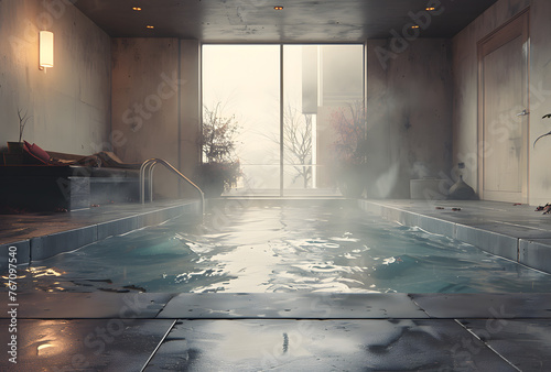 Indoor pool with steam, water, and glass walls in a large building