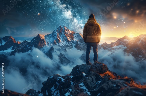 Man Standing on Top of Mountain Looking at Stars