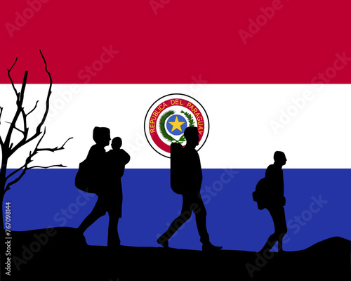 Immigration and refugees front of Paraguay flag, immigrant and refugee concept